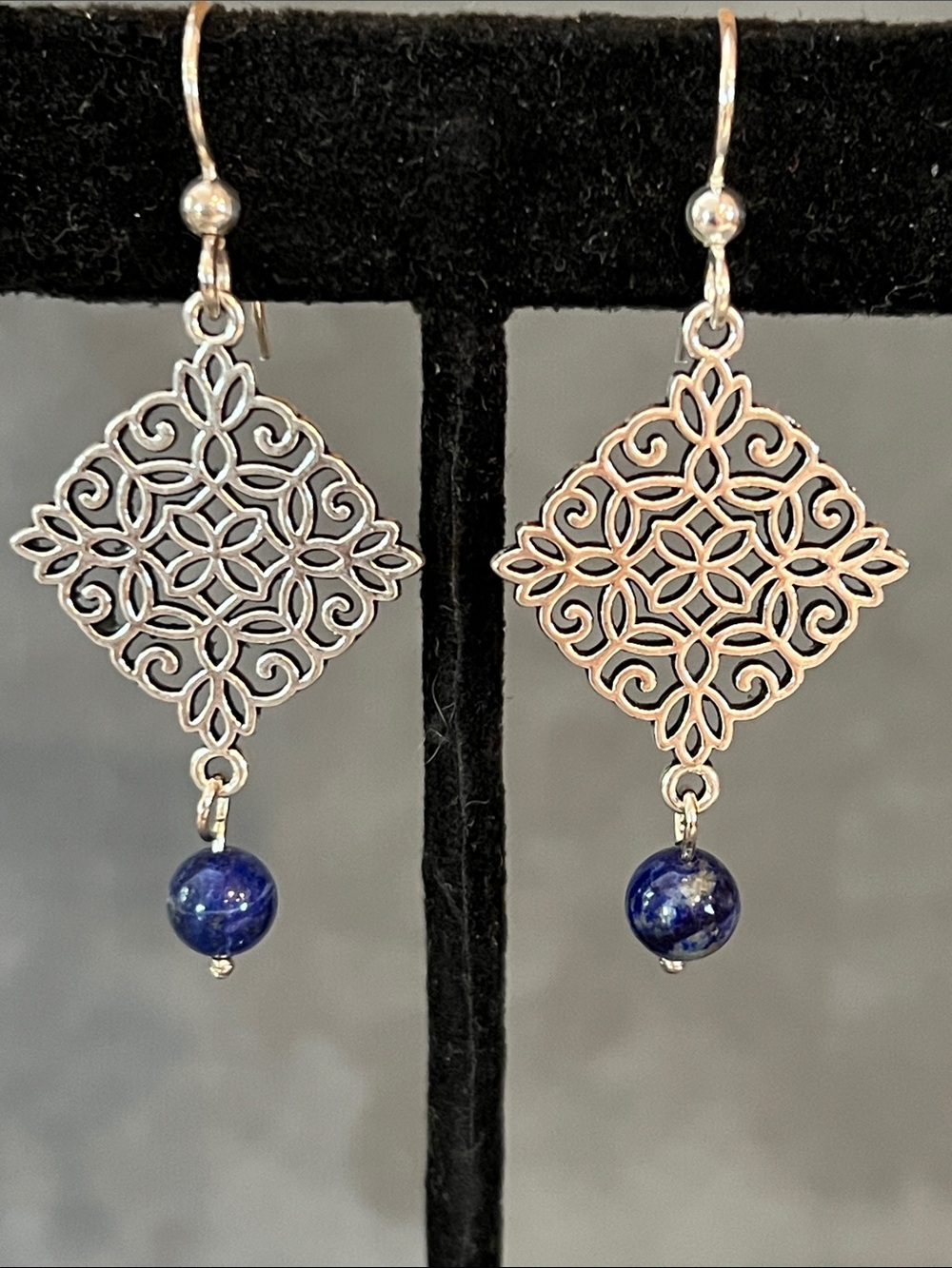 Sterling silver 925 dangle earrings, filagree charm, lapis lazuli gemstone beads